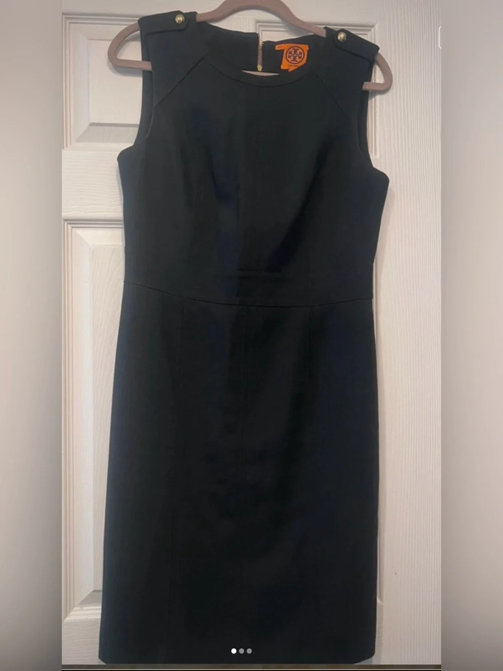 Tory Burch little Black Sleeveless Sheath Midi Dress with Buttoned Shoulders 8 M